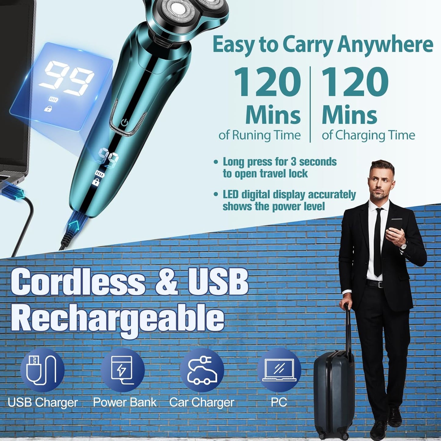 Electric Razor for Men,Men’S Electric Shavers Rotary,Led Display 100% Waterproof Cordless Razor, Wet/Dry Shaving,Electric Shaver for Men Includes Nose Hair Trimmer Beard Trimmer Travel Shaver