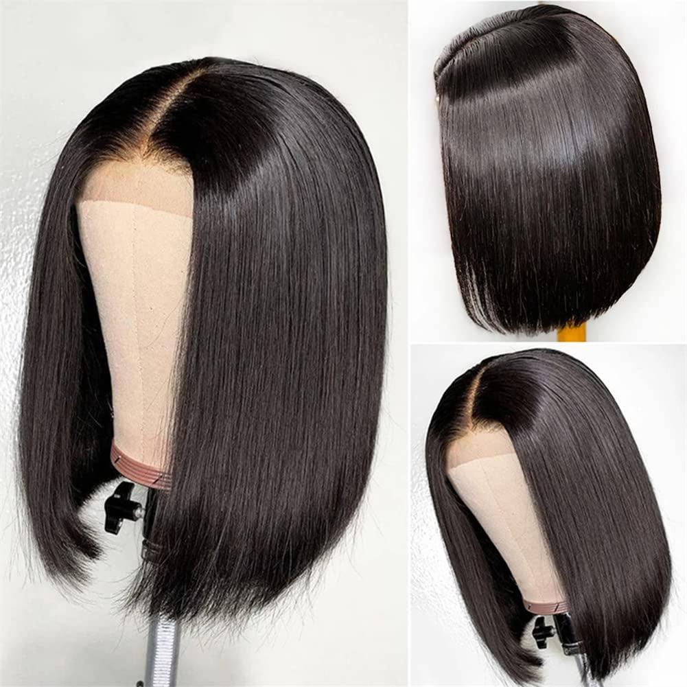 4X4 Bob Closure Wigs Human Hair 180% Density Glueless HD Lace Straight Bob Wigs Pre Plucked Natural Hairline Unprocessed Brazilian Human Hair for Women 14 Inch