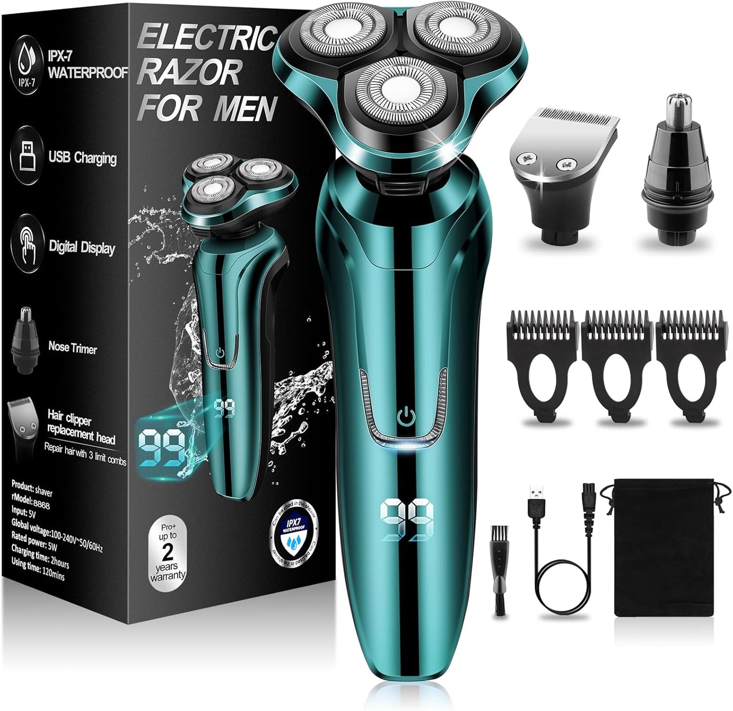 Electric Razor for Men,Men’S Electric Shavers Rotary,Led Display 100% Waterproof Cordless Razor, Wet/Dry Shaving,Electric Shaver for Men Includes Nose Hair Trimmer Beard Trimmer Travel Shaver