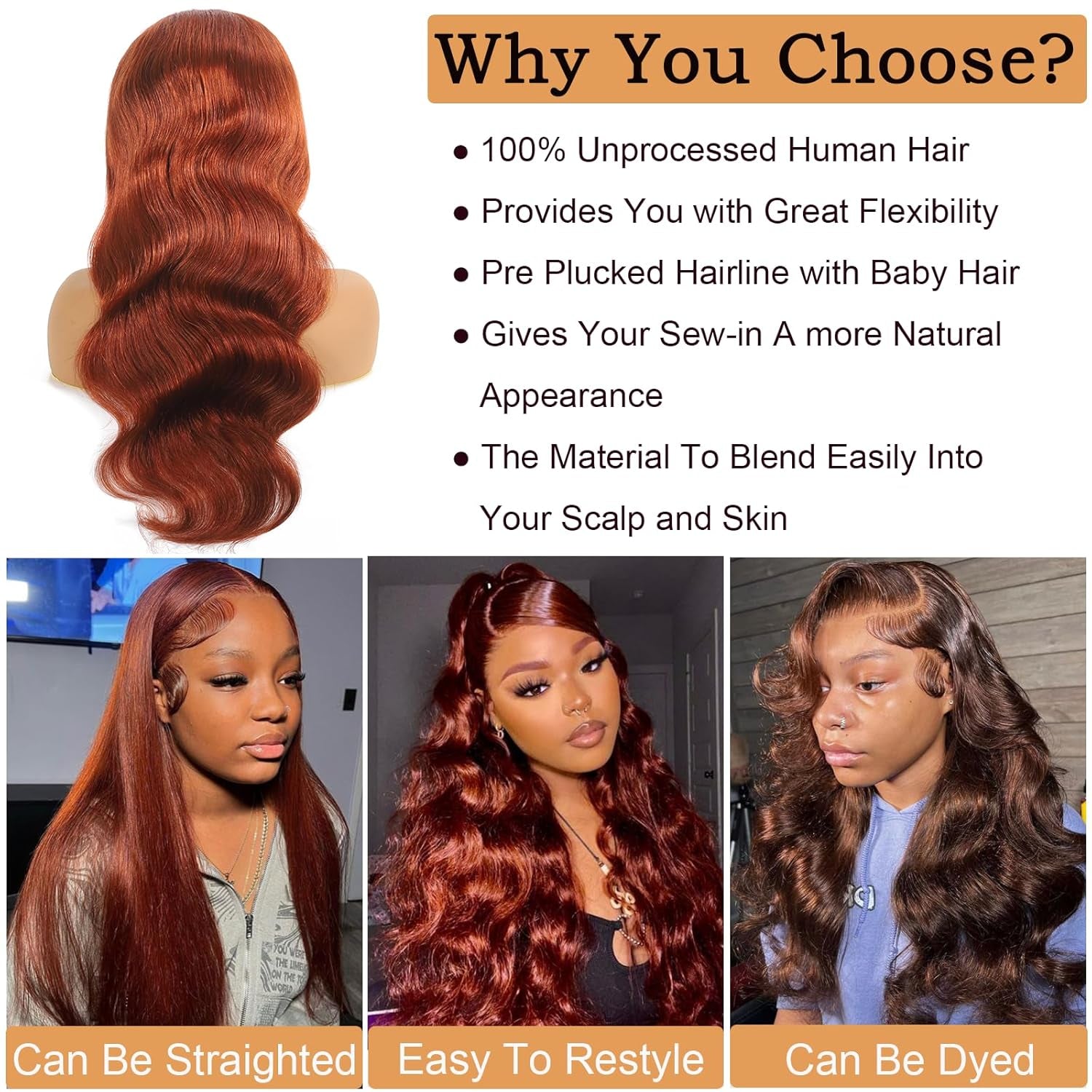 Reddish Brown Lace Front Wigs Human Hair 180% Density Body Wave 13X4 Transparent HD Lace Front Wigs Human Hair Pre Plucked Auburn Colored Lace Frontal Wigs Human Hair for Black Women 26 Inch
