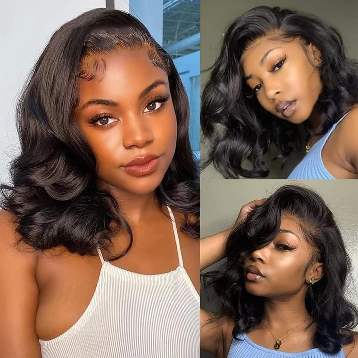 Short Lace Front Wigs Human Hair 180% Density - 13X4 Short Body Wave Lace Frontal Wigs Human Hair Hair Glueless Wigs Human Hair Pre Plucked with Baby Hair Natural Black 14 Inch