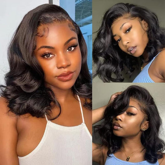 Short Lace Front Wigs Human Hair 180% Density - 13X4 Short Body Wave Lace Frontal Wigs Human Hair Hair Glueless Wigs Human Hair Pre Plucked with Baby Hair Natural Black 14 Inch