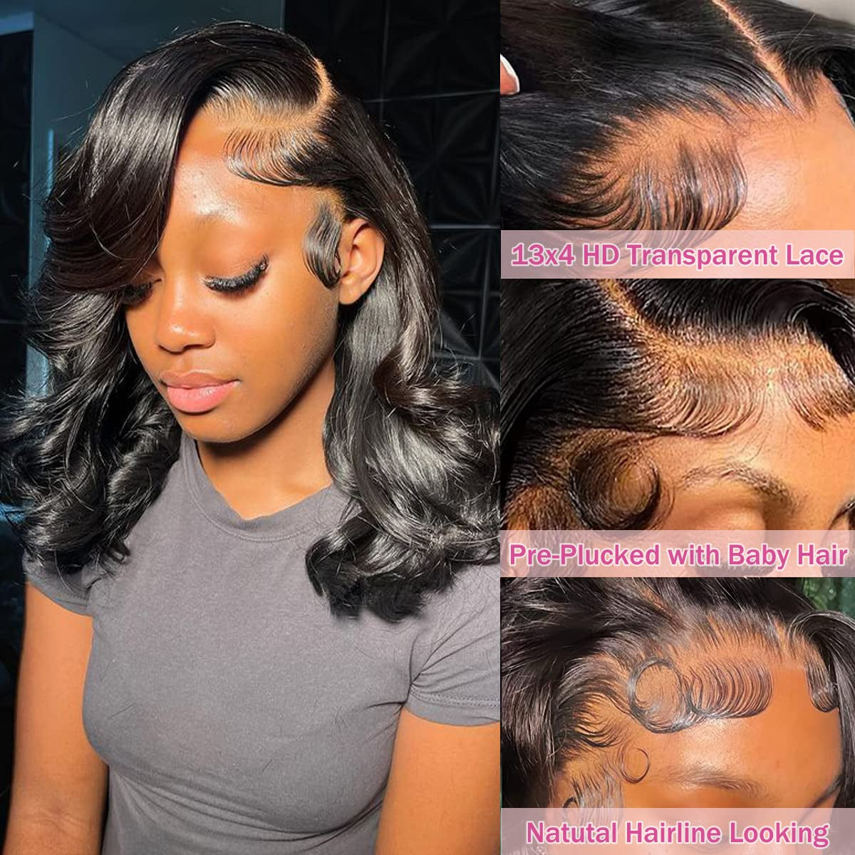 Short Lace Front Wigs Human Hair 180% Density - 13X4 Short Body Wave Lace Frontal Wigs Human Hair Hair Glueless Wigs Human Hair Pre Plucked with Baby Hair Natural Black 14 Inch